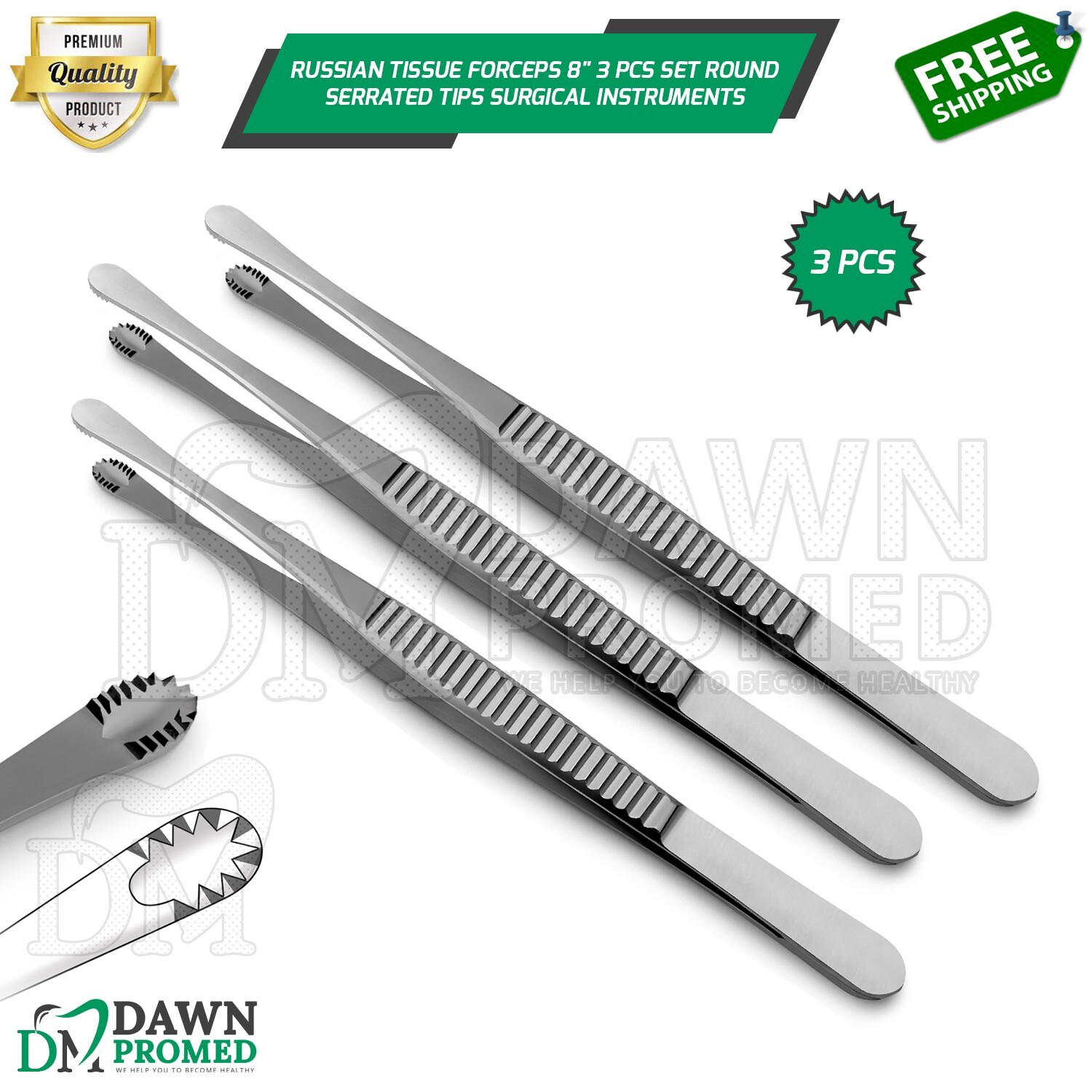 Russian Tissue Forceps 8" 3 Pcs Set Round Serrated Tips Surgical Inst German Gr