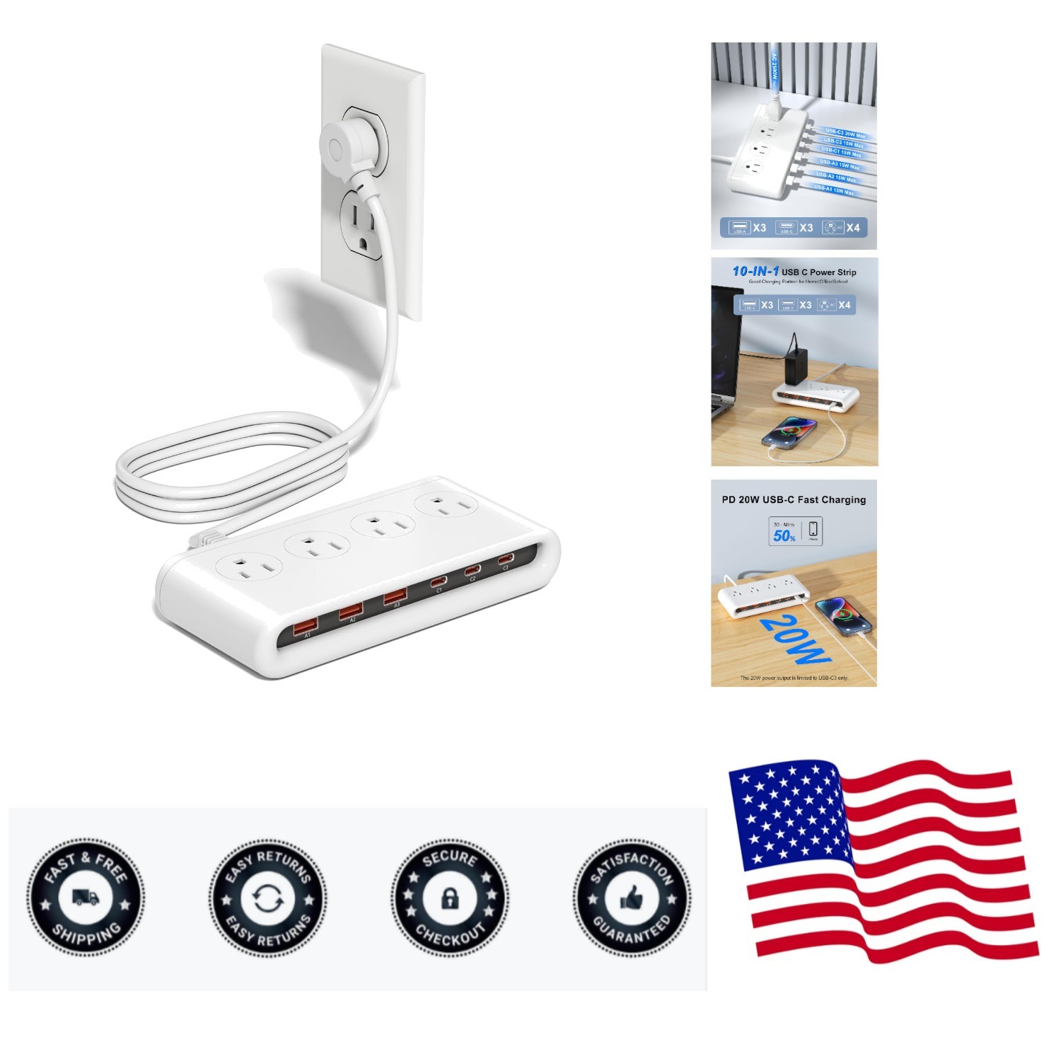 Compact 35W Power Strip with USB C & USB Ports - Ideal for Travel and Home