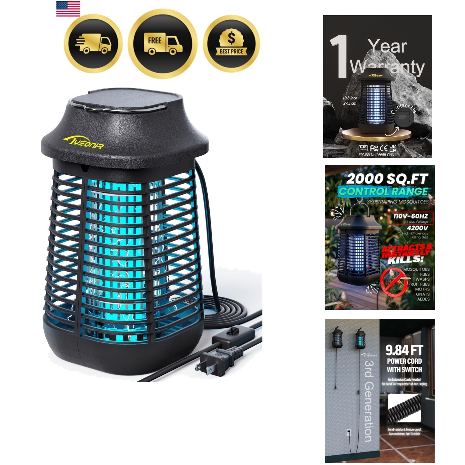 Bug Zapper Electric Mosquito Insect Trap Indoor Outdoor 4200V Waterproof