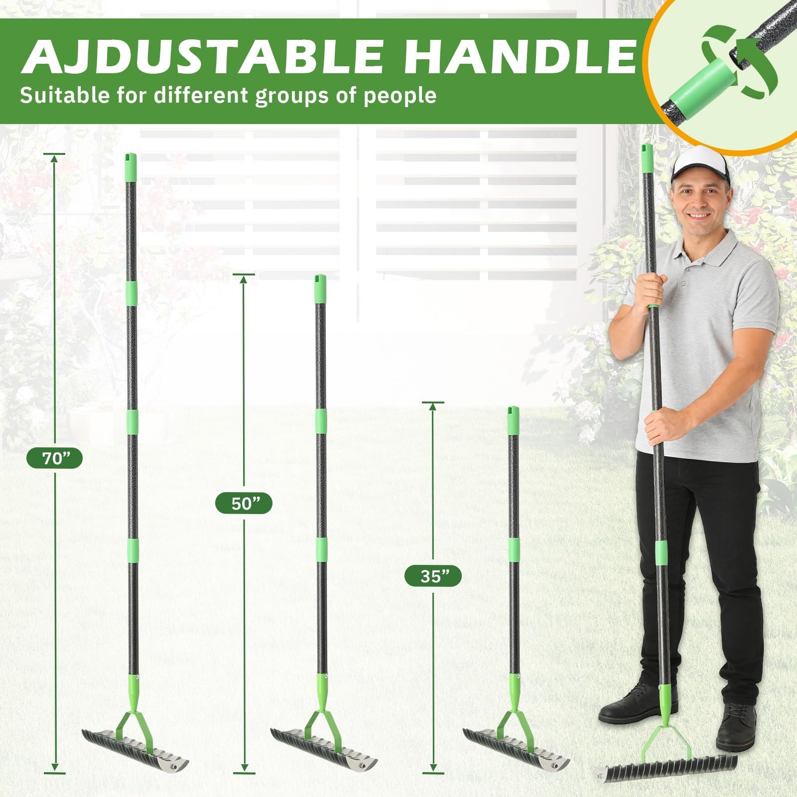 DualAction Dethatcher Rake 21Tine Adjustable Handle 55 Inch Heavy Duty