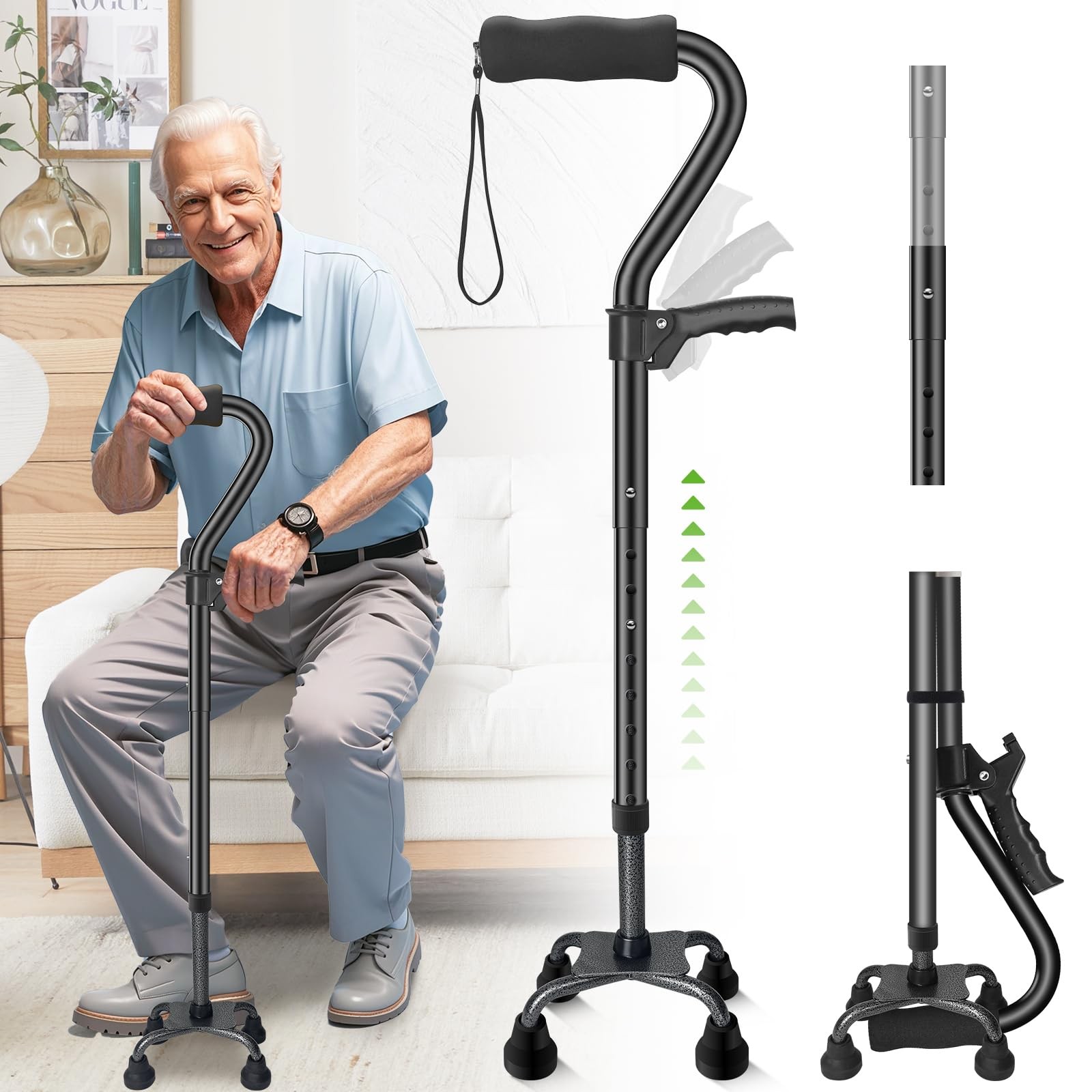 Ciavca Walking Canes for Women & Men, Adjustable Folding Quad Cane, black