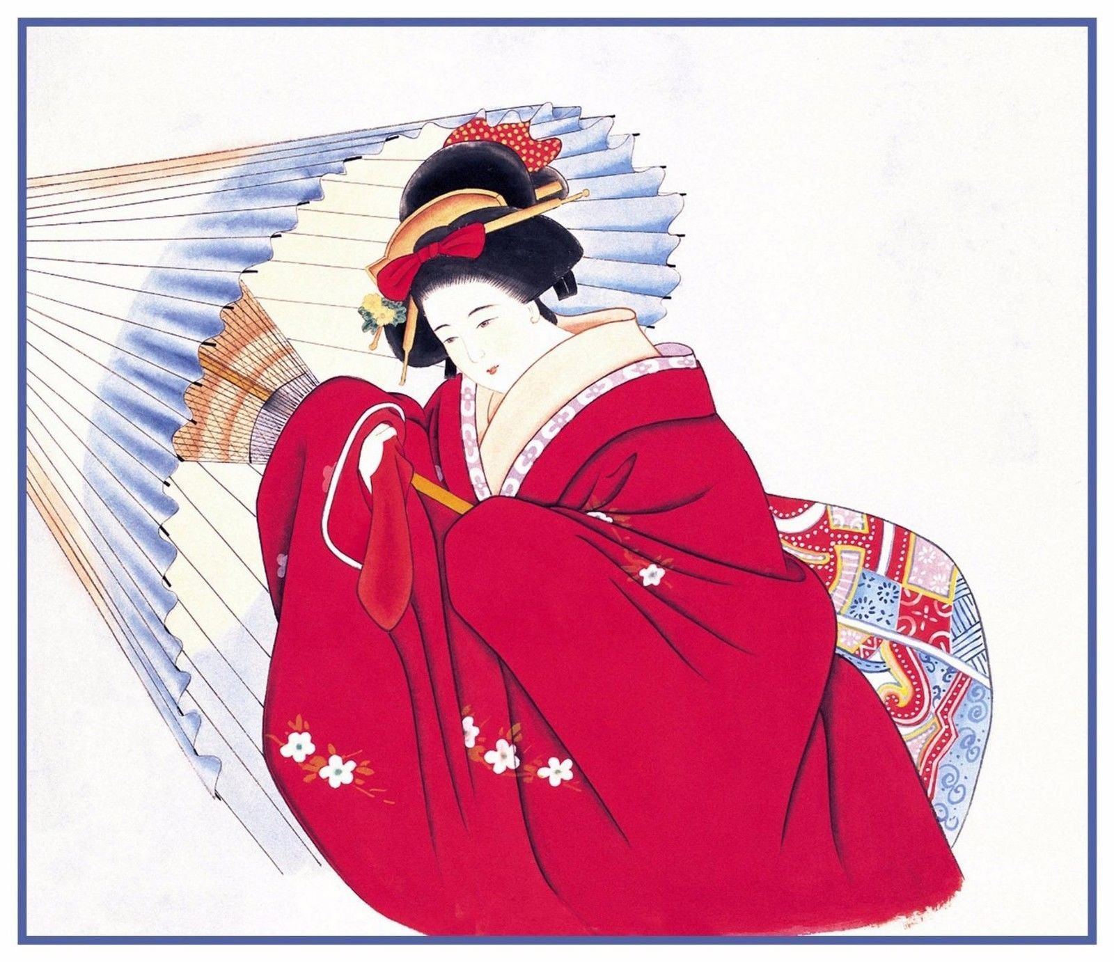Asian Woman Maiden Red Umbrella Woodblock Japanese Counted Cross Stitch Pattern