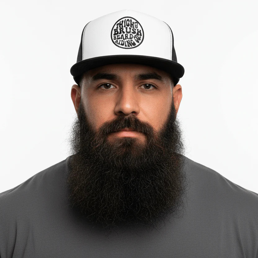 THIGHBRUSH® BEARD RIDING COMPANY - Flat Bill Trucker Hat - White/Black