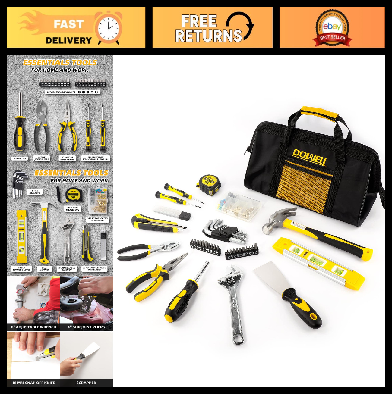 146PCS Homeowner Tool Set - Complete Household Repair Kit with 14" Wide Mouth Ba