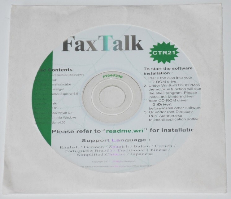Fax Talk Software Installation for Windows Win9x/NT/2000/Me/XP Great Condition