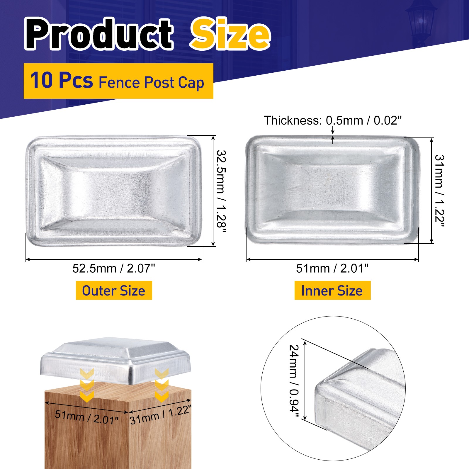 10Pcs Fence Post Cap, Galvanized Deck Post Caps Fit 2" x 1.2" Pipe, Silver
