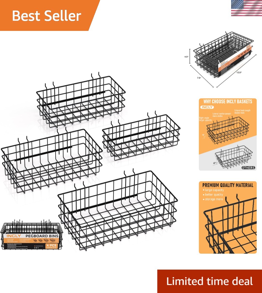 4 Pack Heavy Duty Metal Pegboard Baskets - Adjustable & Rust Resistant