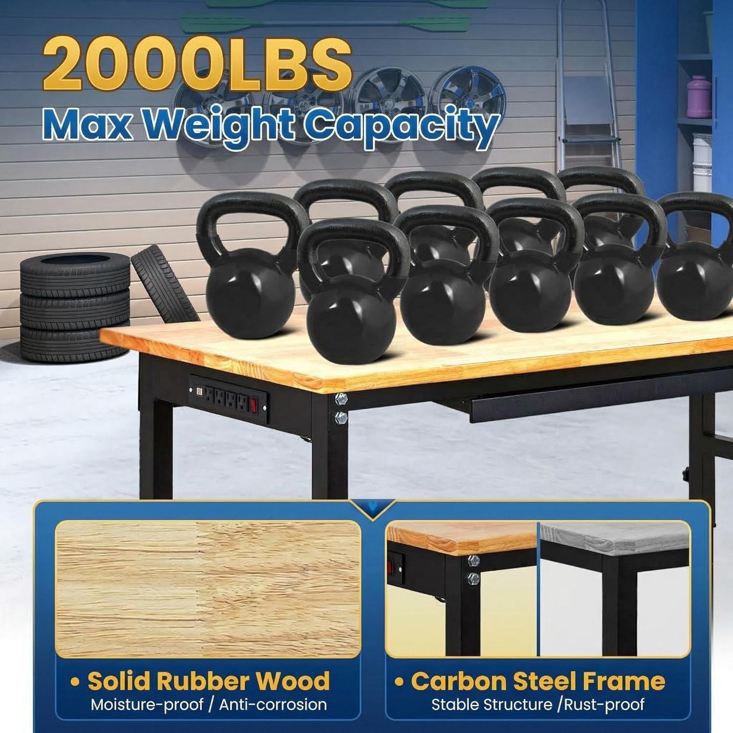 60" Adjustable Work Bench, Workbench Heavy-Duty Work Table for Garage, Workshop