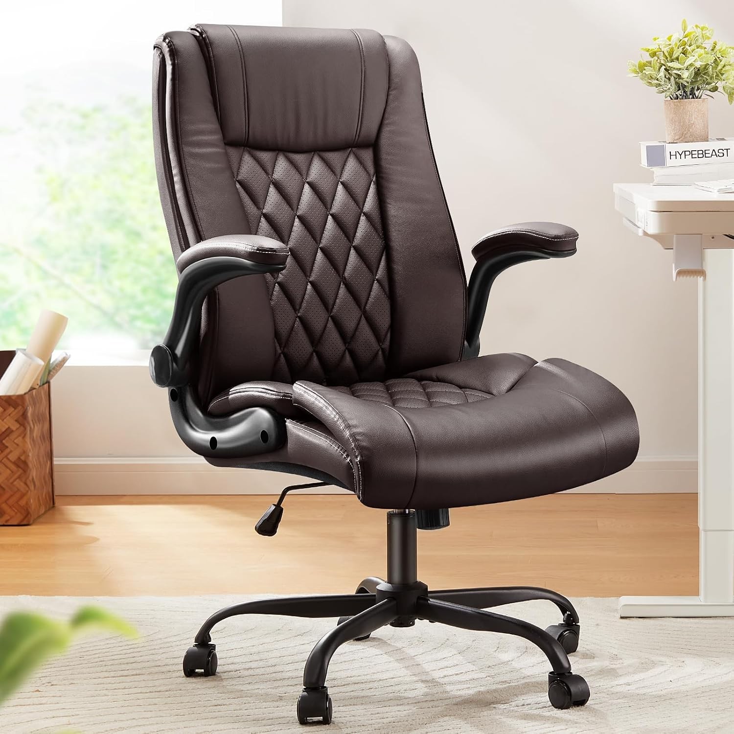 Executive Office Chair W/ Flip-up Armrests,PU Leather Ergonomic Desk Chair