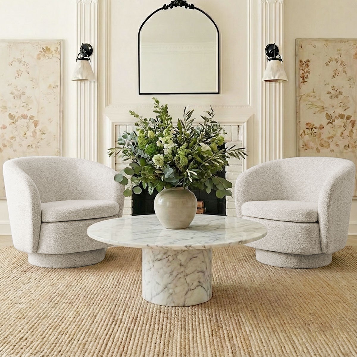 2PCS 360 Swivel Barrel Accent Chair Textured Woven Fabric Upholstered Armchair