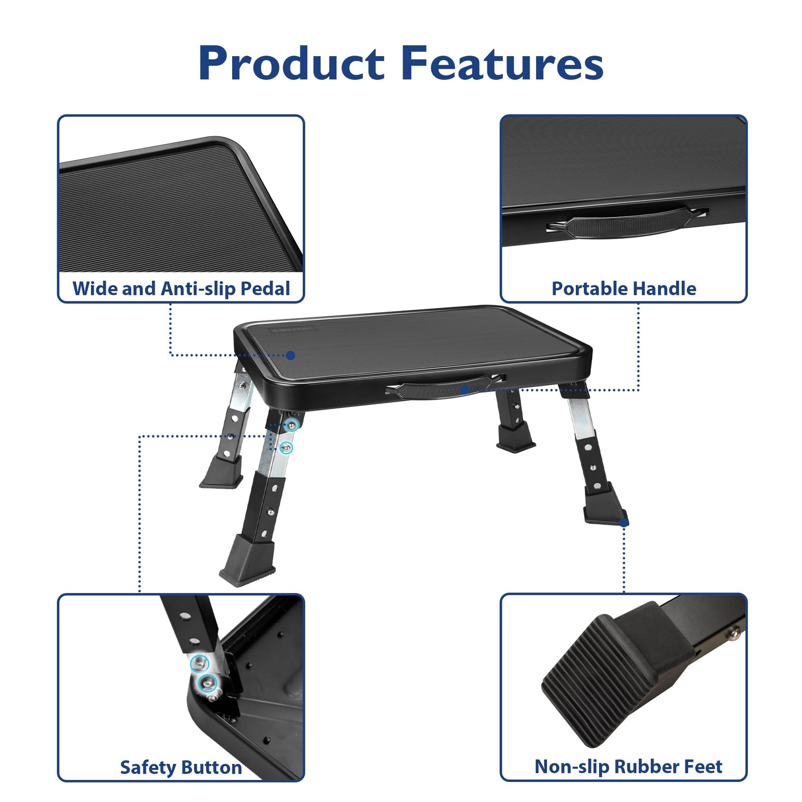 BONTEC Folding Step Stool, 3-Level Adjustable Metal 6.3-8.3 inch, Black