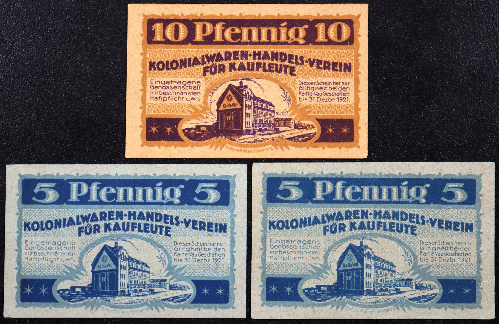CHEMNITZ exp. 1921 "Ka-Ha-Vau" 2x5 + 10 Pfennig small German Notgeld