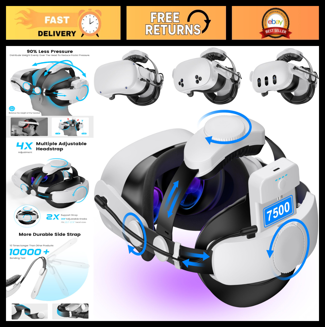 Adjustable VR Head Strap for Meta Quest 3/Quest 2 with 7500mAh Battery Pack, Enh