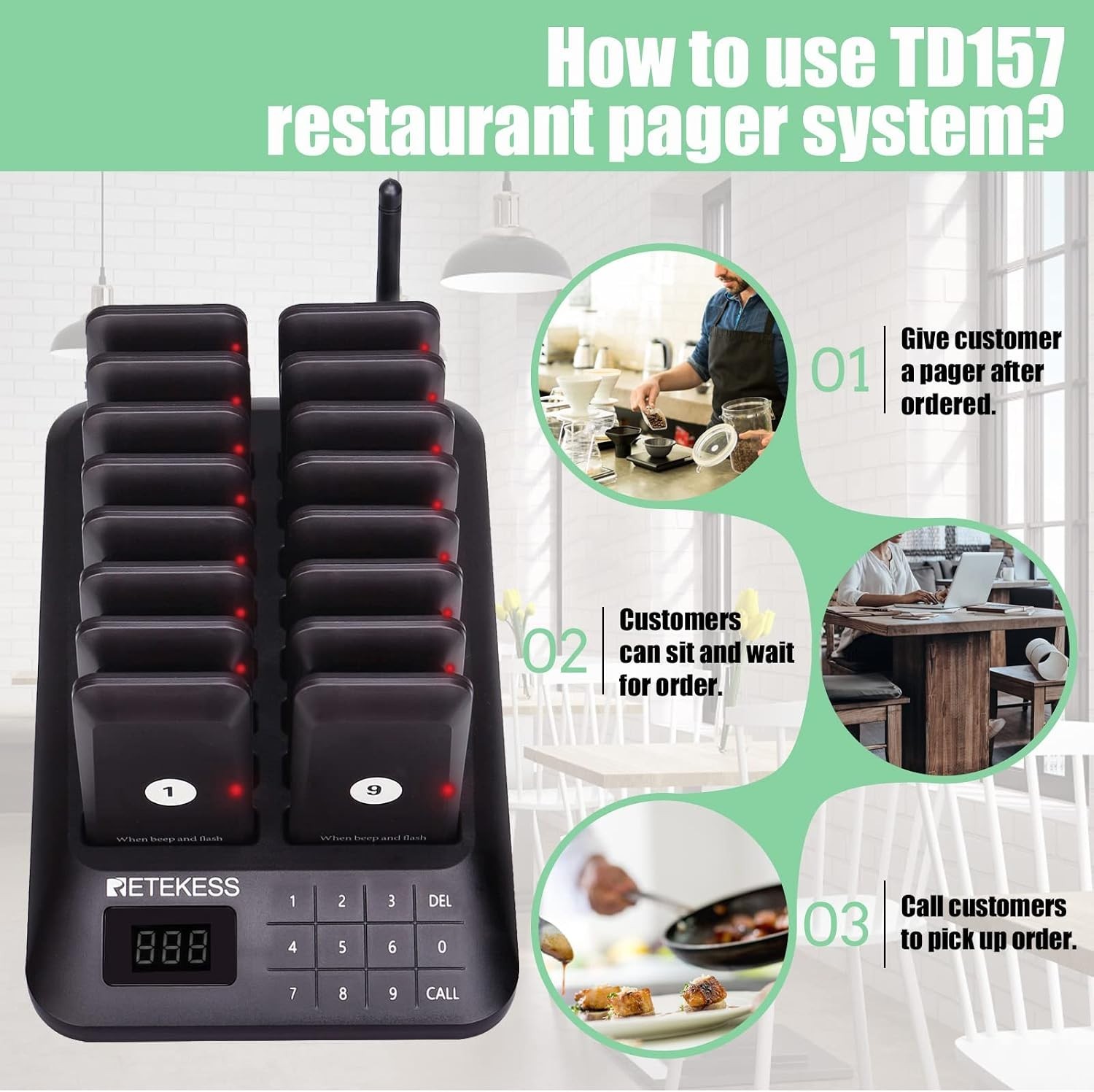 TD157 Restaurant Pager System: 16 Long-Range Pagers with Vibration & Flash