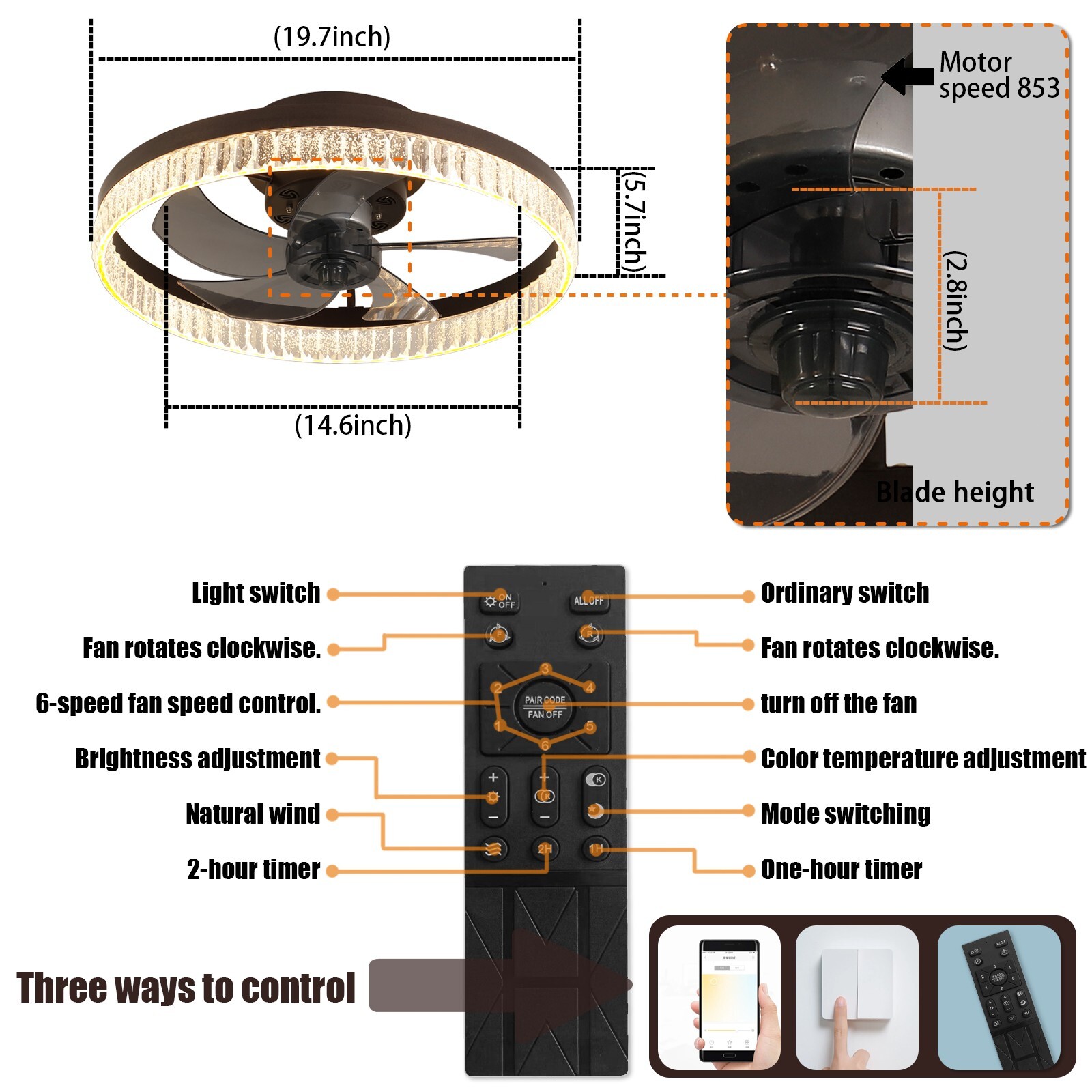 20" Modern Brown 5-Blade Smart LED Ceiling Fan