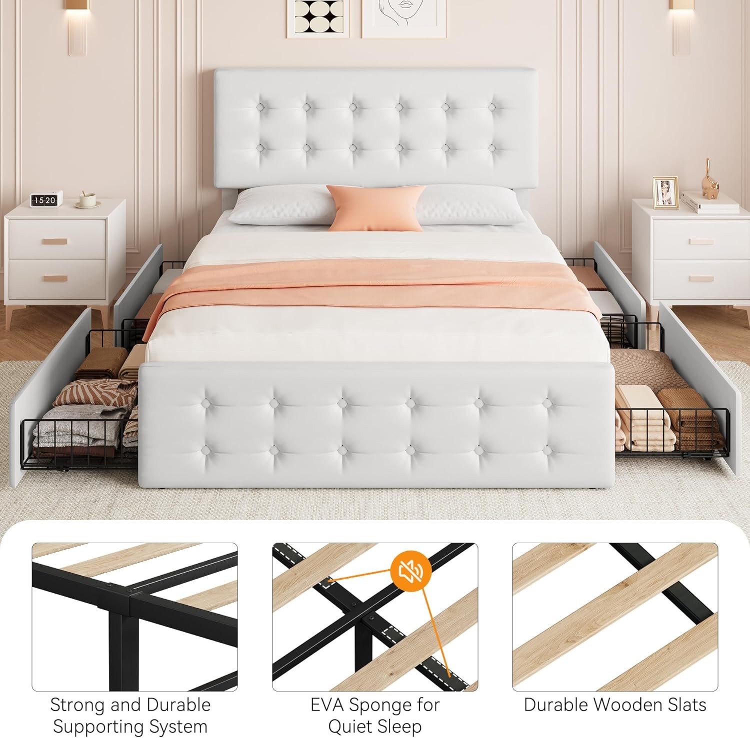 Full Size Bed Frame with 4 Storage Drawers and Adjustable Upholstered Headboard