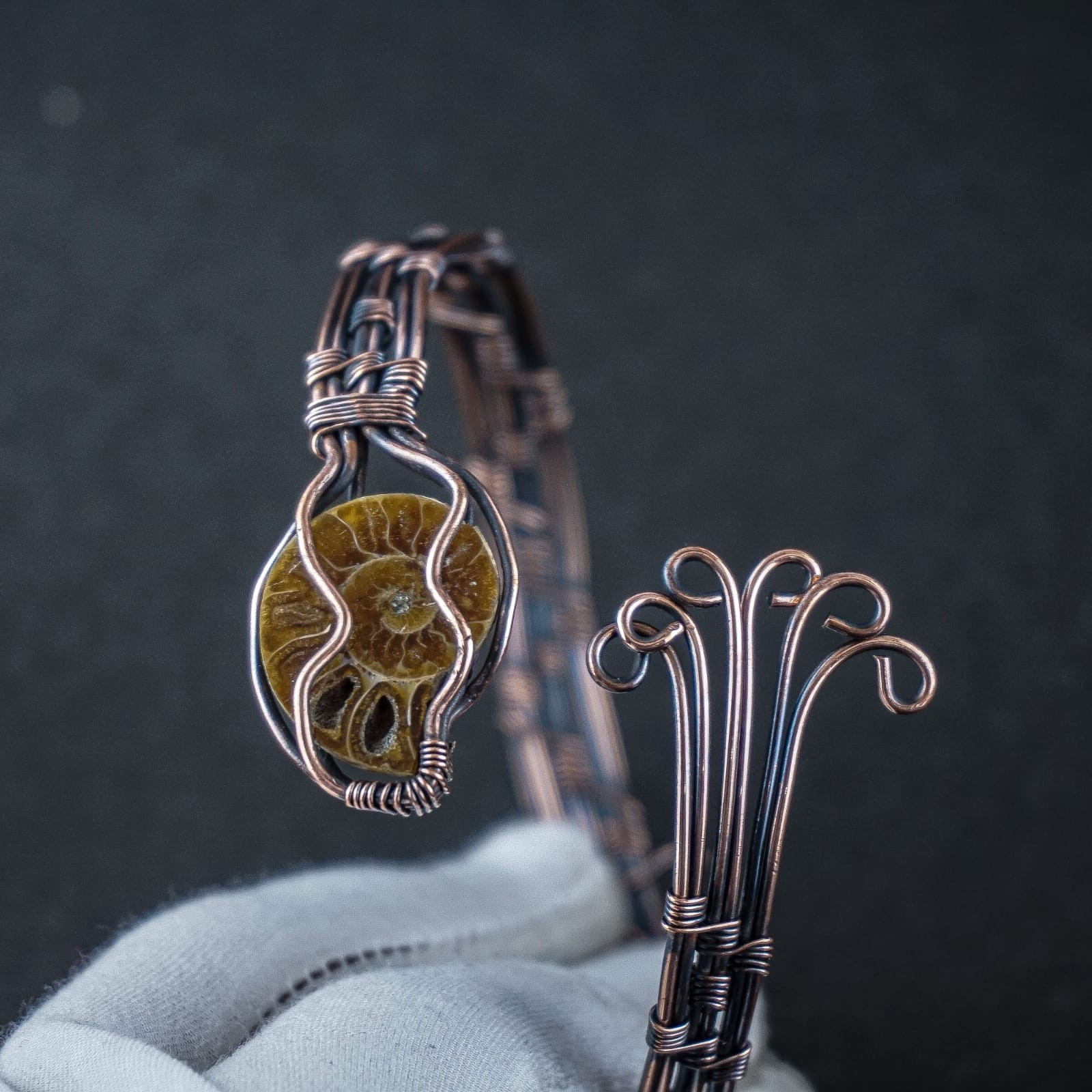 Ammonite Fossil Copper Wire Wrapped Cuff Bracelet Handmade Boho Artisan Bangle