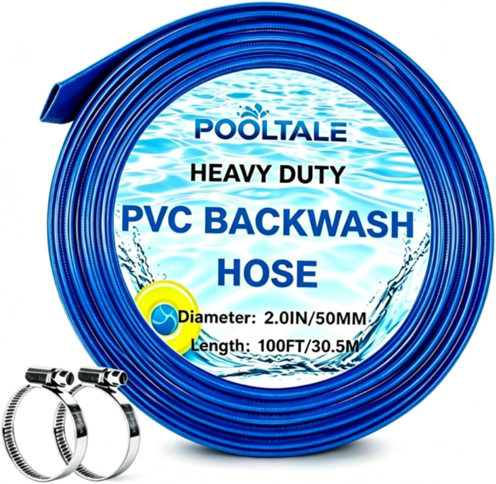 2.0" x 100 FT Pool Backwash Hose, Heavy Duty Reinforced Lay-Flat Sump Pump Hose