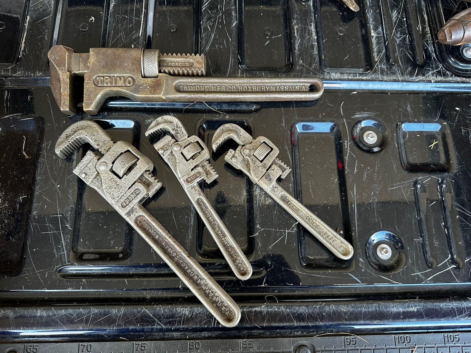 Four Vintage Trimo Pipe Monkey Wrenchs Trimont Mfg Co Pat 12-19-1911 12” 10” 8”