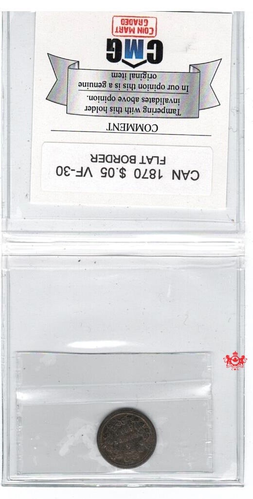 1870 Canada 5 Cents Flat Border - CMG VF30 -