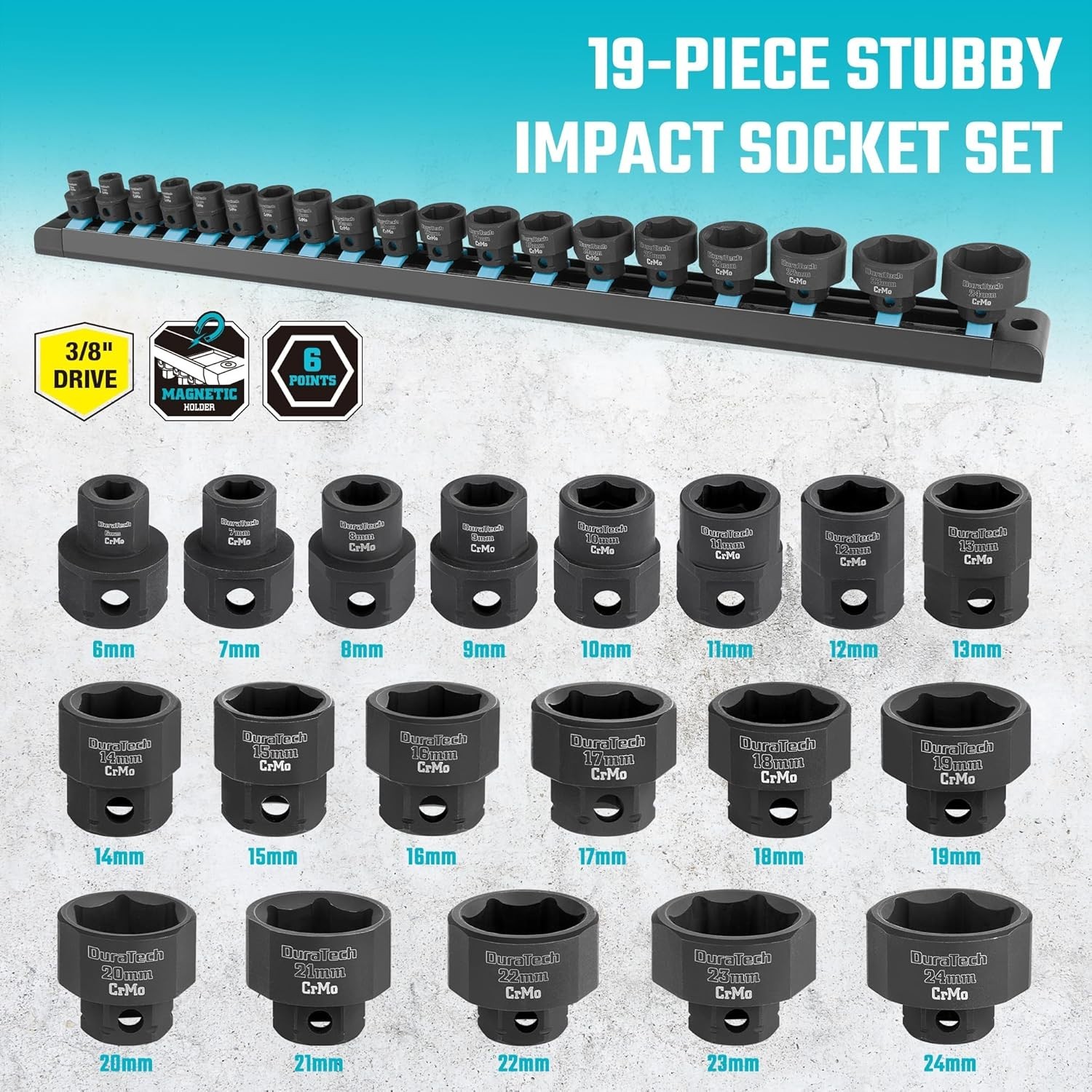 38 Drive Stubby Impact Socket Set, Low Profile Impact Sockets, 19-Piece, Metric,