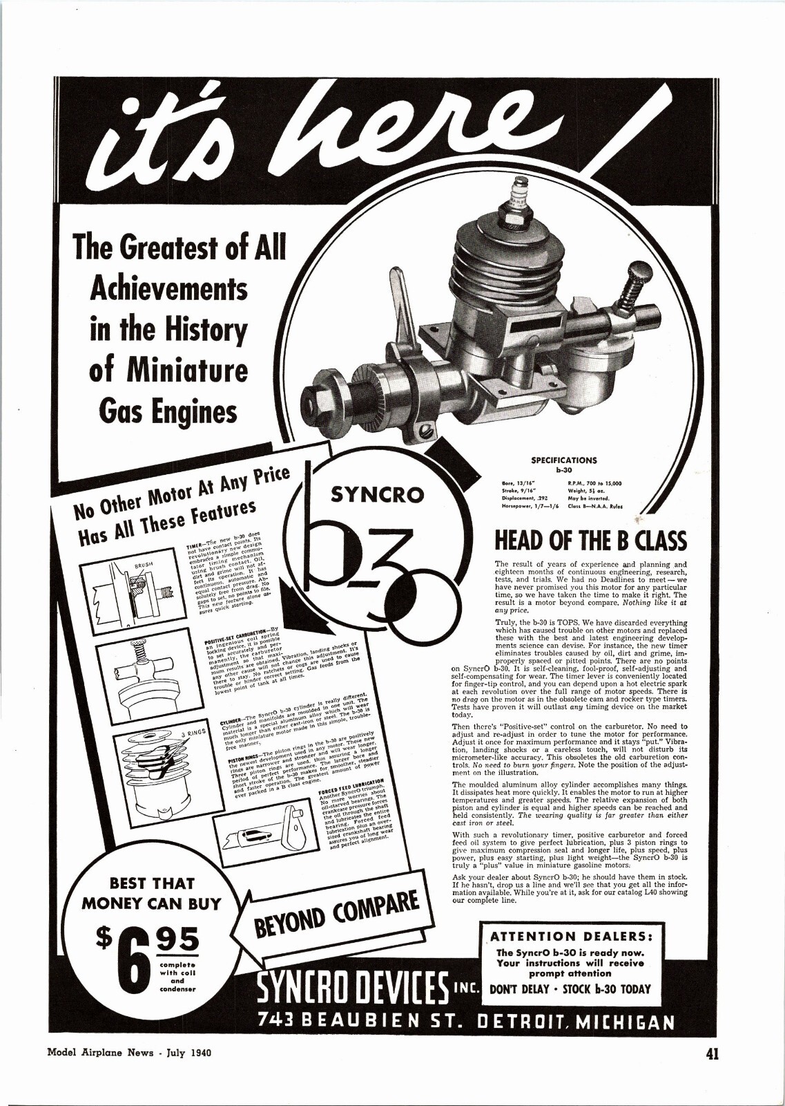 Syncro B-30 RC Engine 1940 Print Ad Wall Art Ephemera