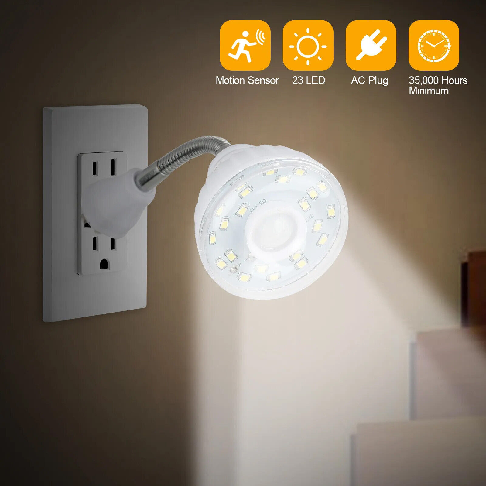 LED Motion-Activated Sensor Night Light Indoor AC Outlet Plug-In Wall Stair Lamp