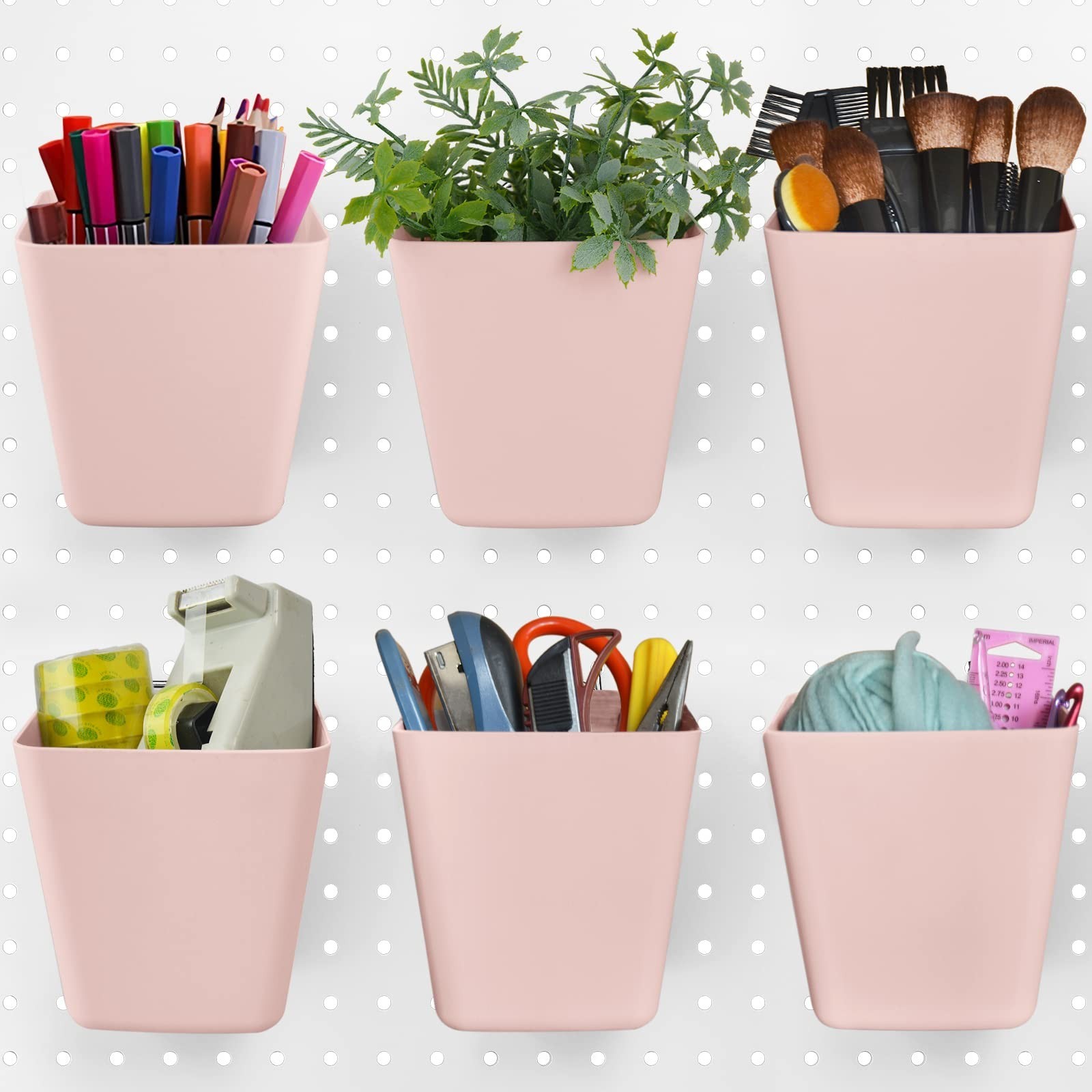 G.CORE Large Pegboard Cups Peg Board Storage Bin 6 Pack with Hooks, Square Bo...