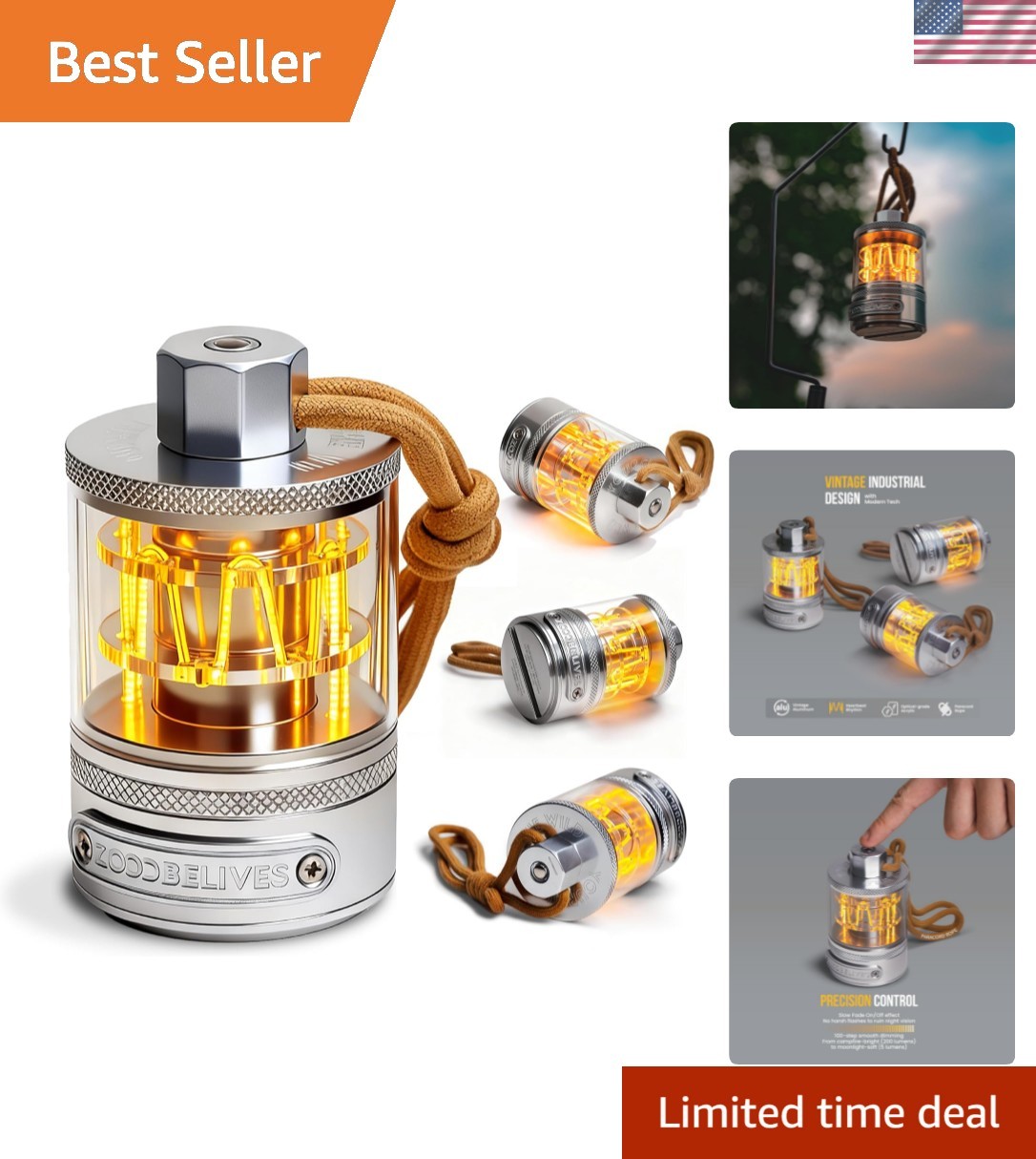 Vintage Aluminum Camping Lantern Light - Dimmable Warm Glow Lamp, Handcrafted...