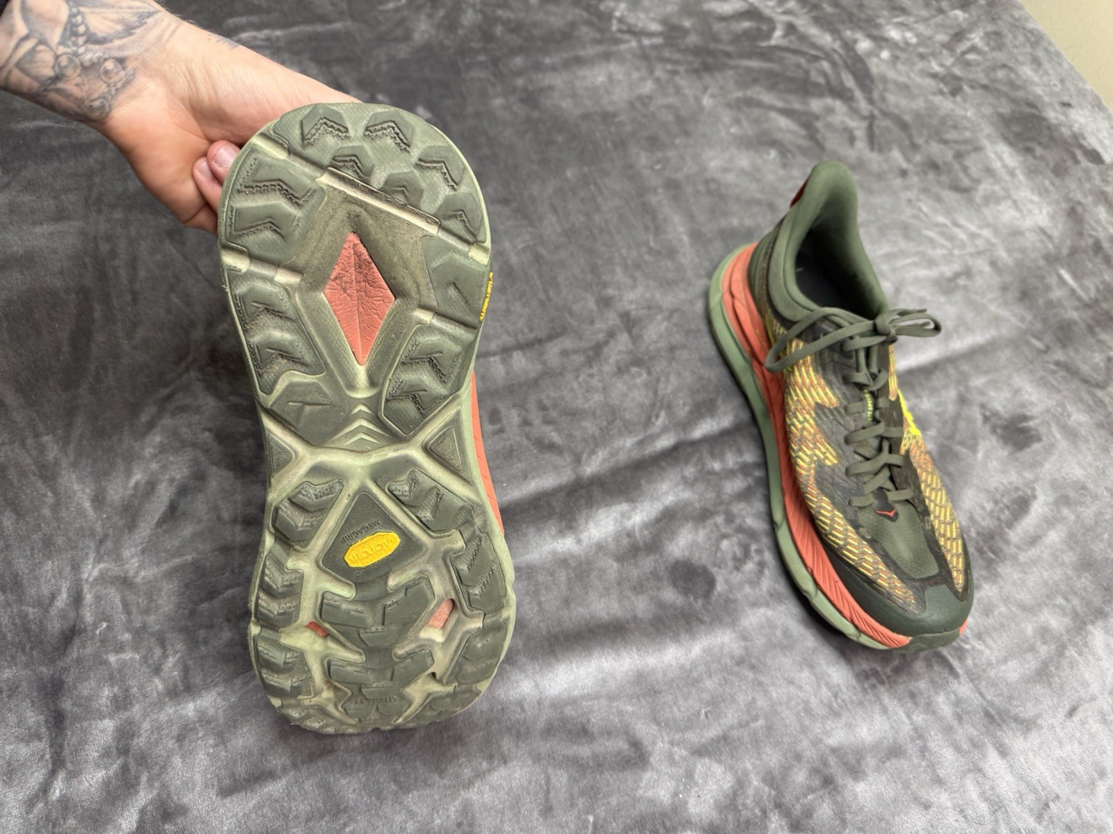 Hoka One One Mafate Speed 4 Olive Green & Orange Running Sneakers Mens 12D