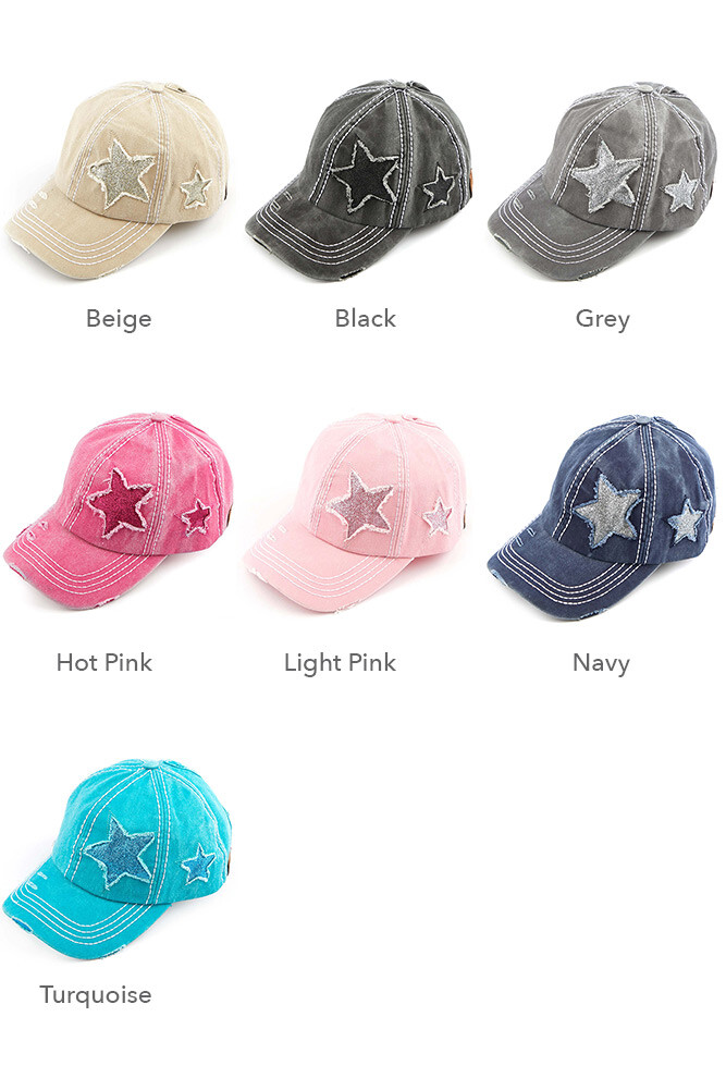 C.C Women's Glitter Star Ponytail Messy Bun Vintage Distressed Mesh Baseball Cap
