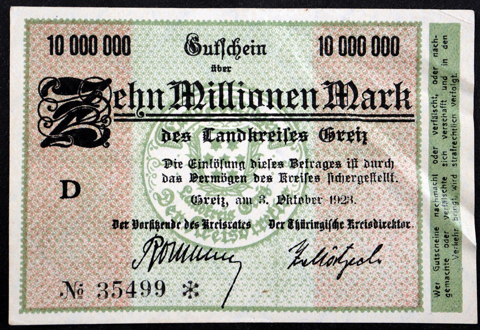 GREIZ 1923 "Landkreis" 10 Million Mark Inflation Notgeld Banknote