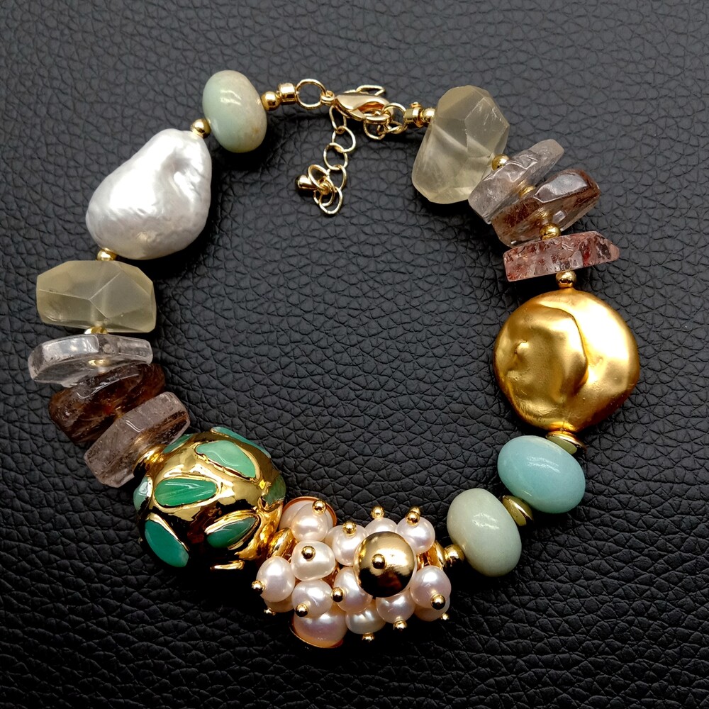Freshwater White Pearl Amazonite Quartz Sea Shell Pearl Beaded Bracelet