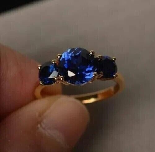 2Ct Round Cut Created Blue Sapphire Women's Engagement Ring 14K Yellow Gold Over