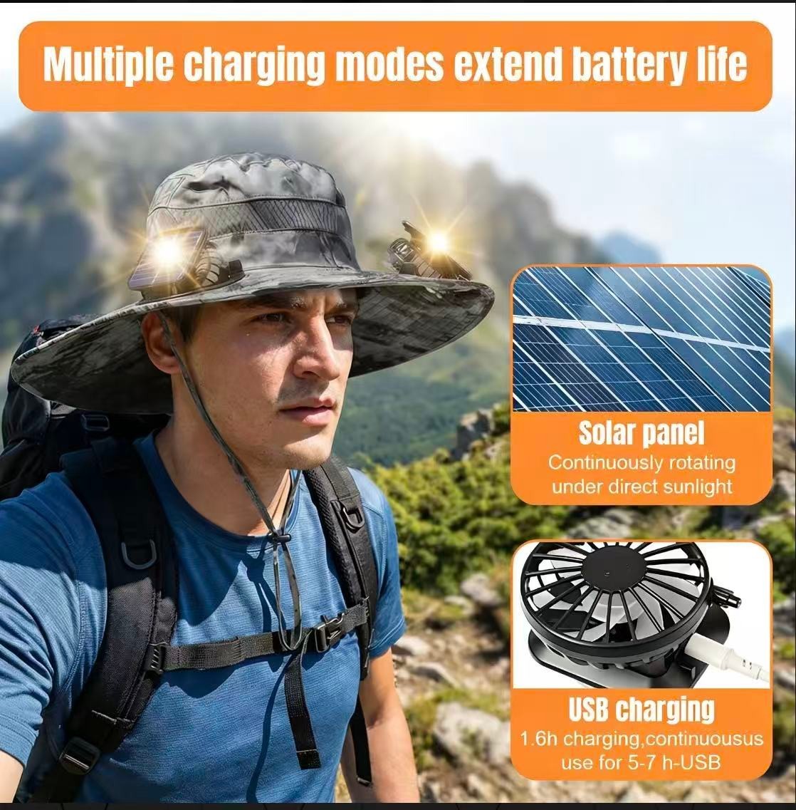 Solar-powered fan sun hat with 2 fans, adjustable 180° rotation, UPF 50+ sun pro