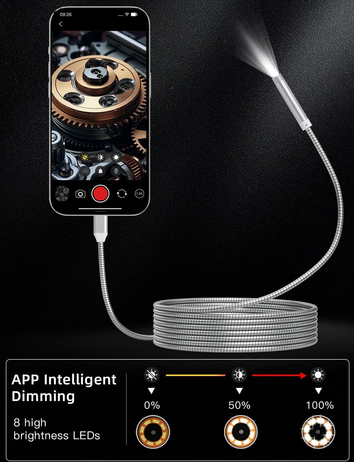 Endoscope Camera with Light, 1920P HD Borescope Camera with 8 Adjustable LED ...
