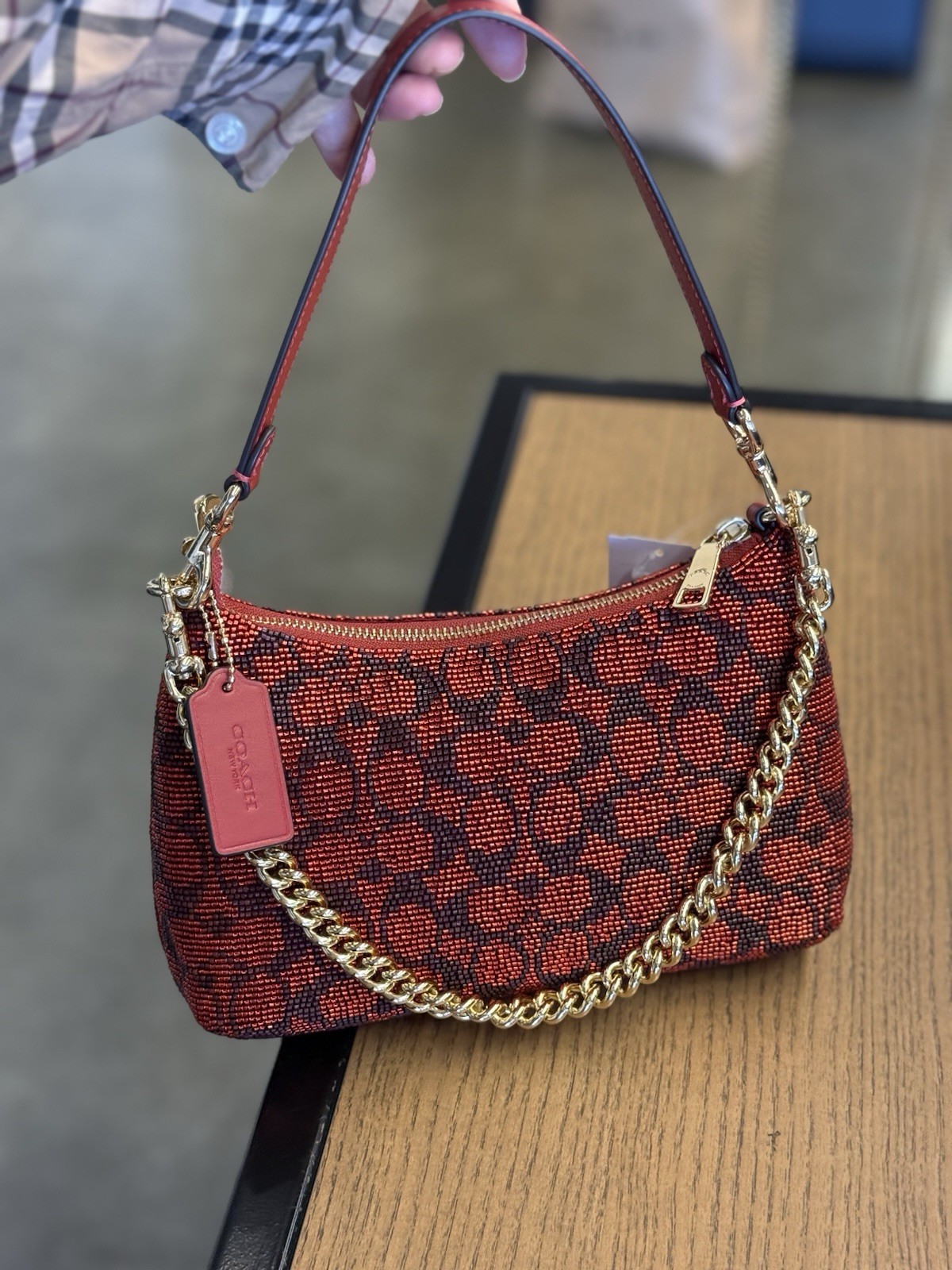 coach Teri Shoulder Bag In Signature Beaded Satin Gold/Crimson cet14 new