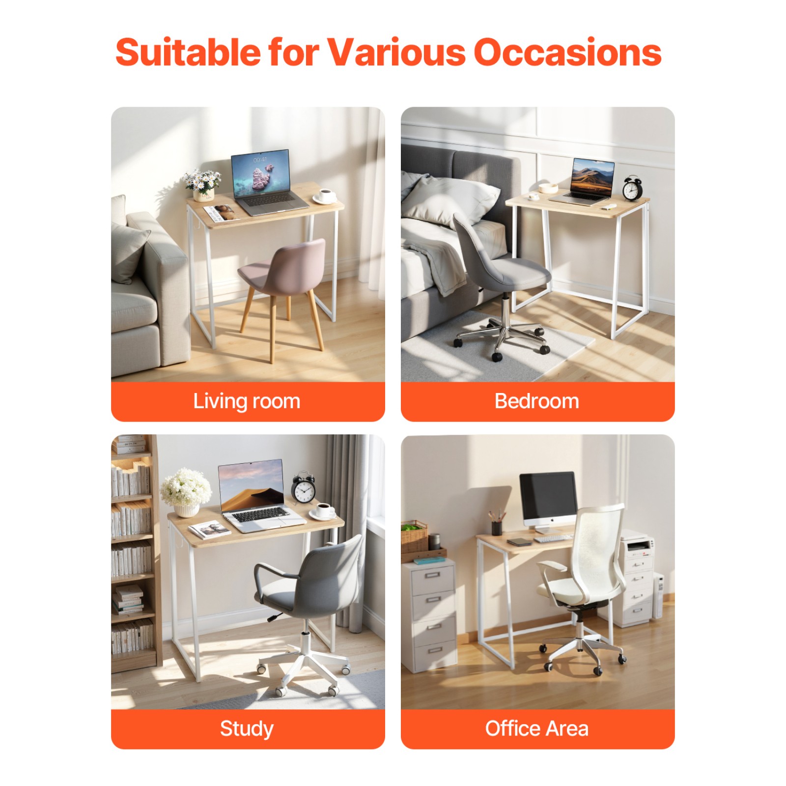 Folding Desk 31.5" Foldable Computer Table with Storage Hooks Oak