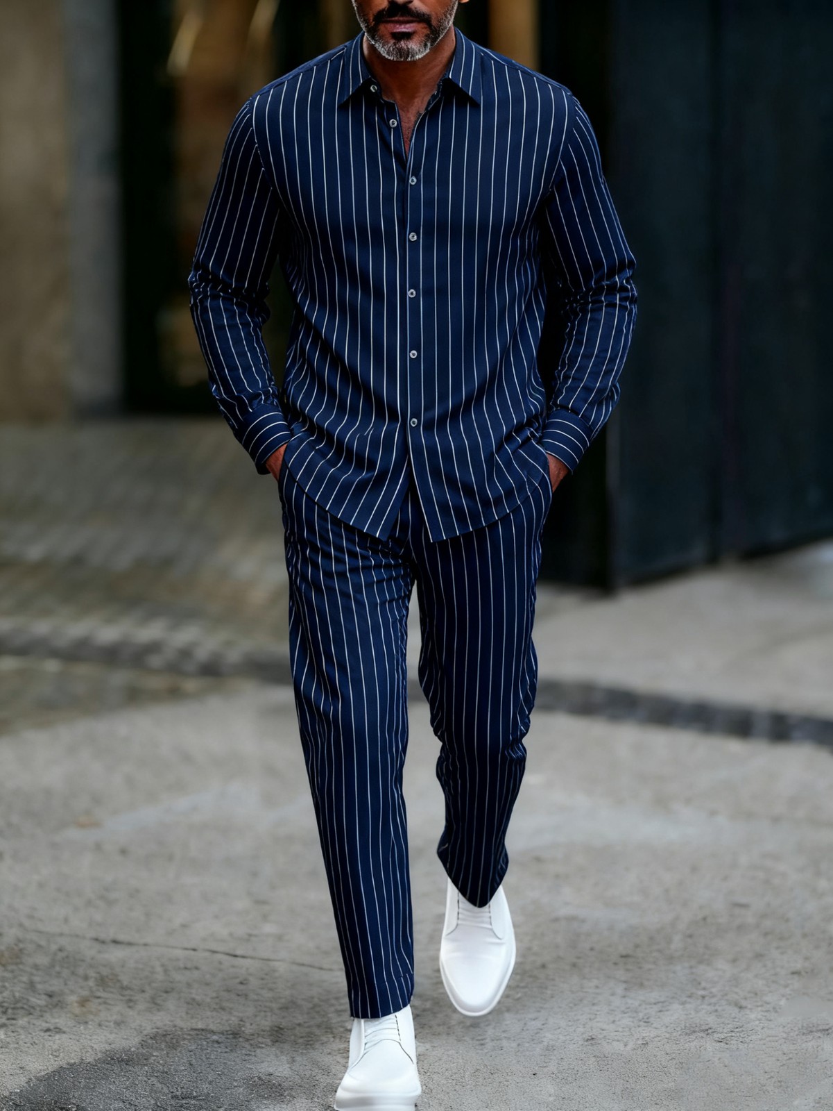 2pcs Set, European and American Men's Vertical Striped Long Sleeve Shirt Paired