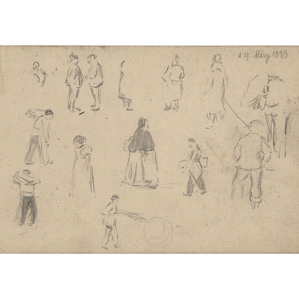 Study Pencil Drawing Passersby Craftsmen Work Professions 1898 Dated