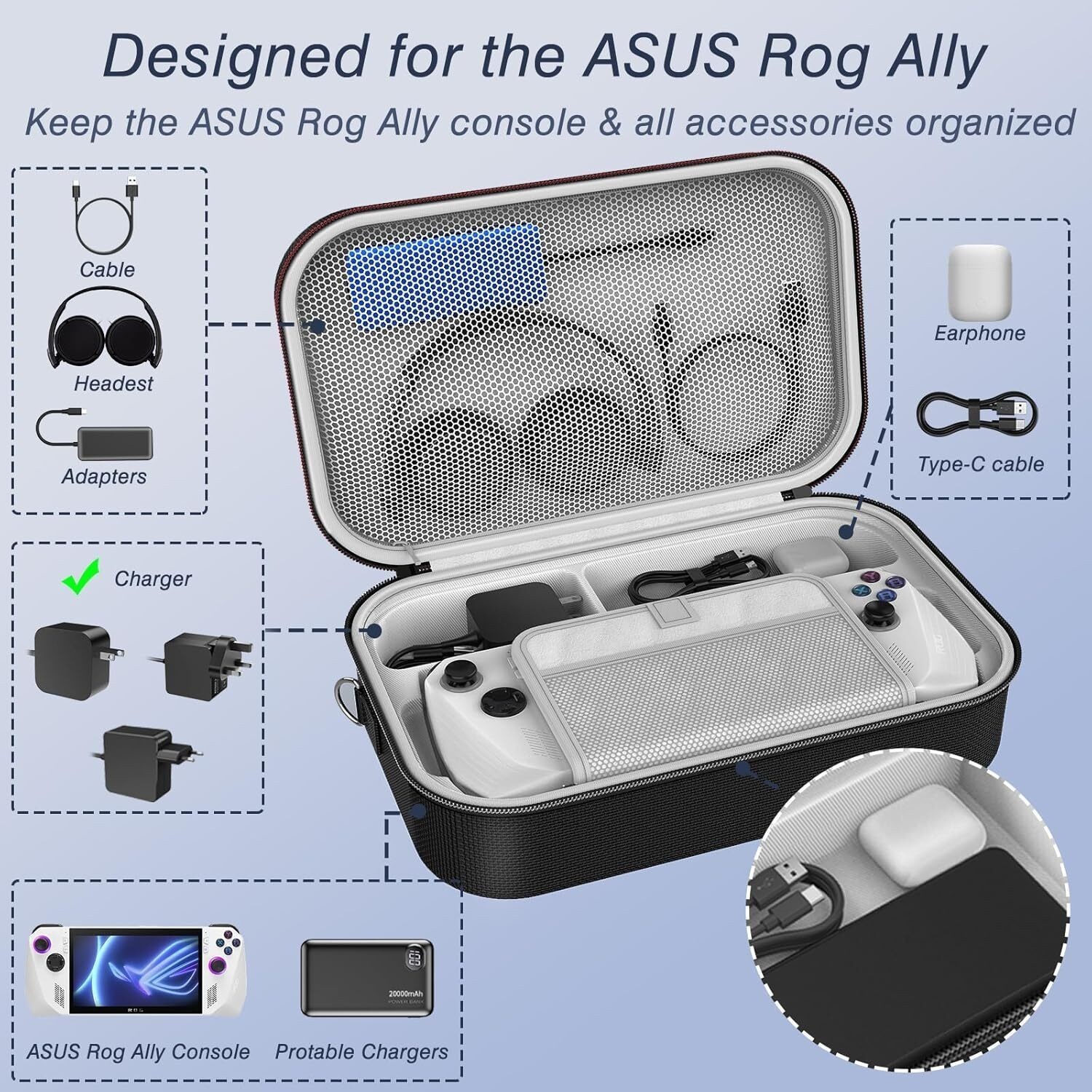 Protective Travel Case for ROG Ally with Large Storage Capacity，Shockproof，p