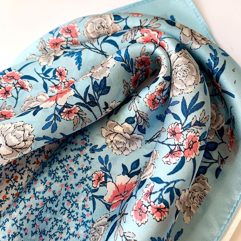 100% Pure Silk Small Scarf Women Neckerchief Bandana Wrap Blue Flowers 53*53cm
