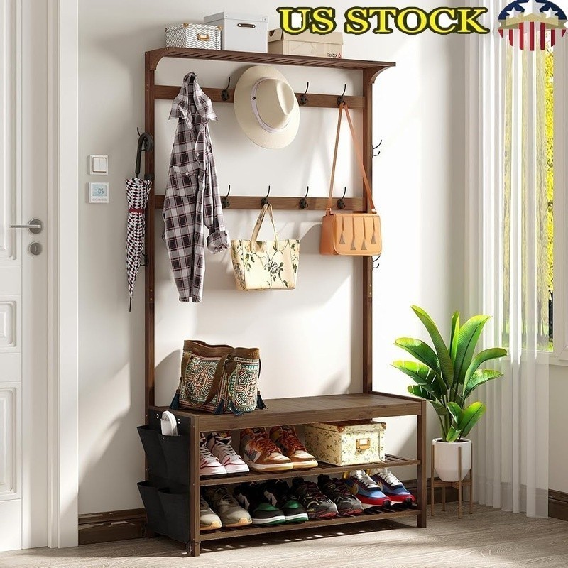 Bamboo Shoe Storage Bench W/ Coat Rack 6-in-1 Organizer Entryway Furniture New