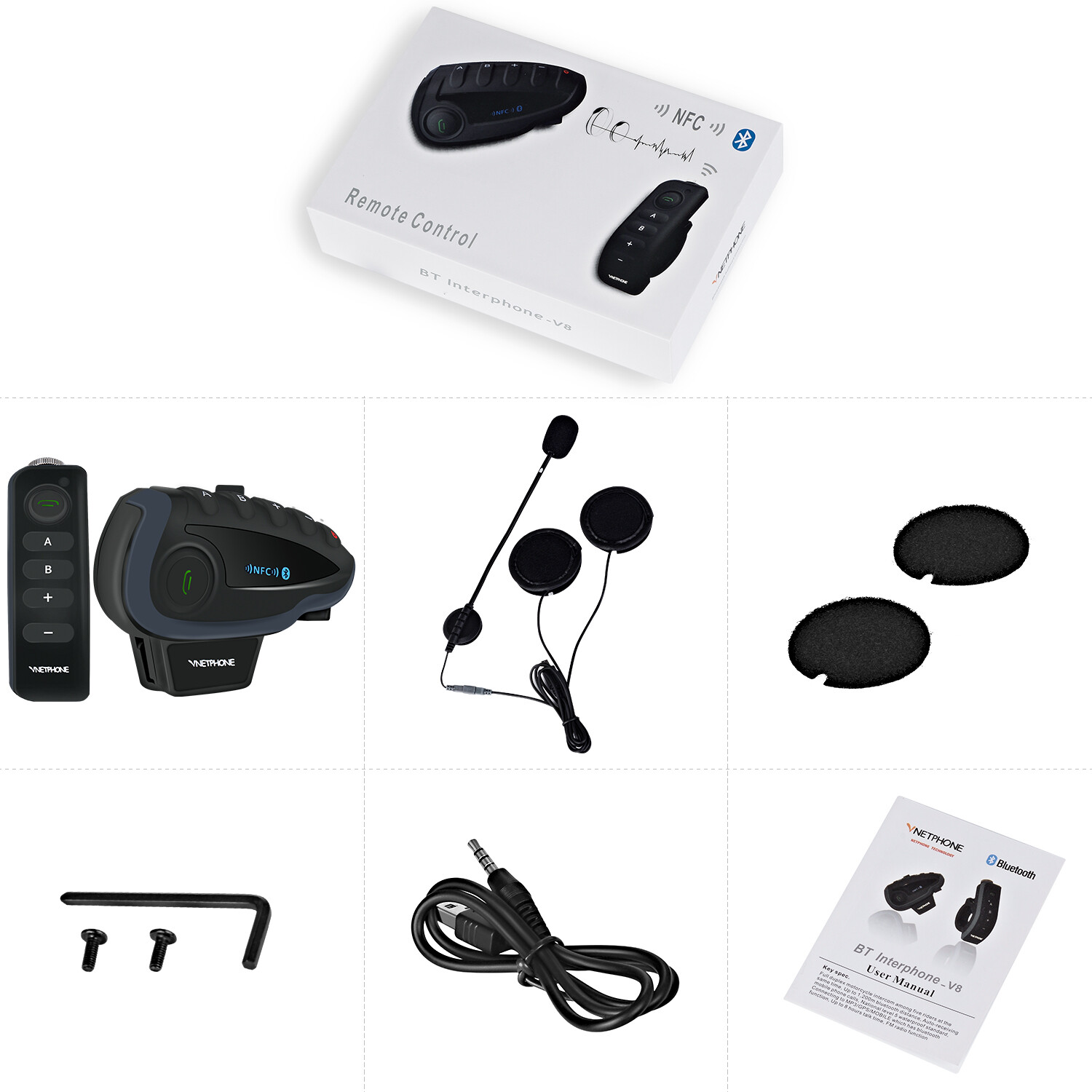2 X Motorcycle Helmet Intercom NFC Remote Control Bluetooth Intercoms Headset V8