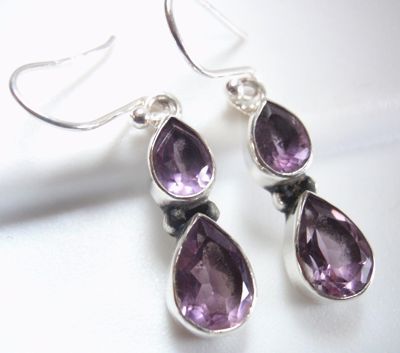 Elegant Amethyst Teardrop Double Gem 925 Sterling Silver Dangle Faceted Earrings
