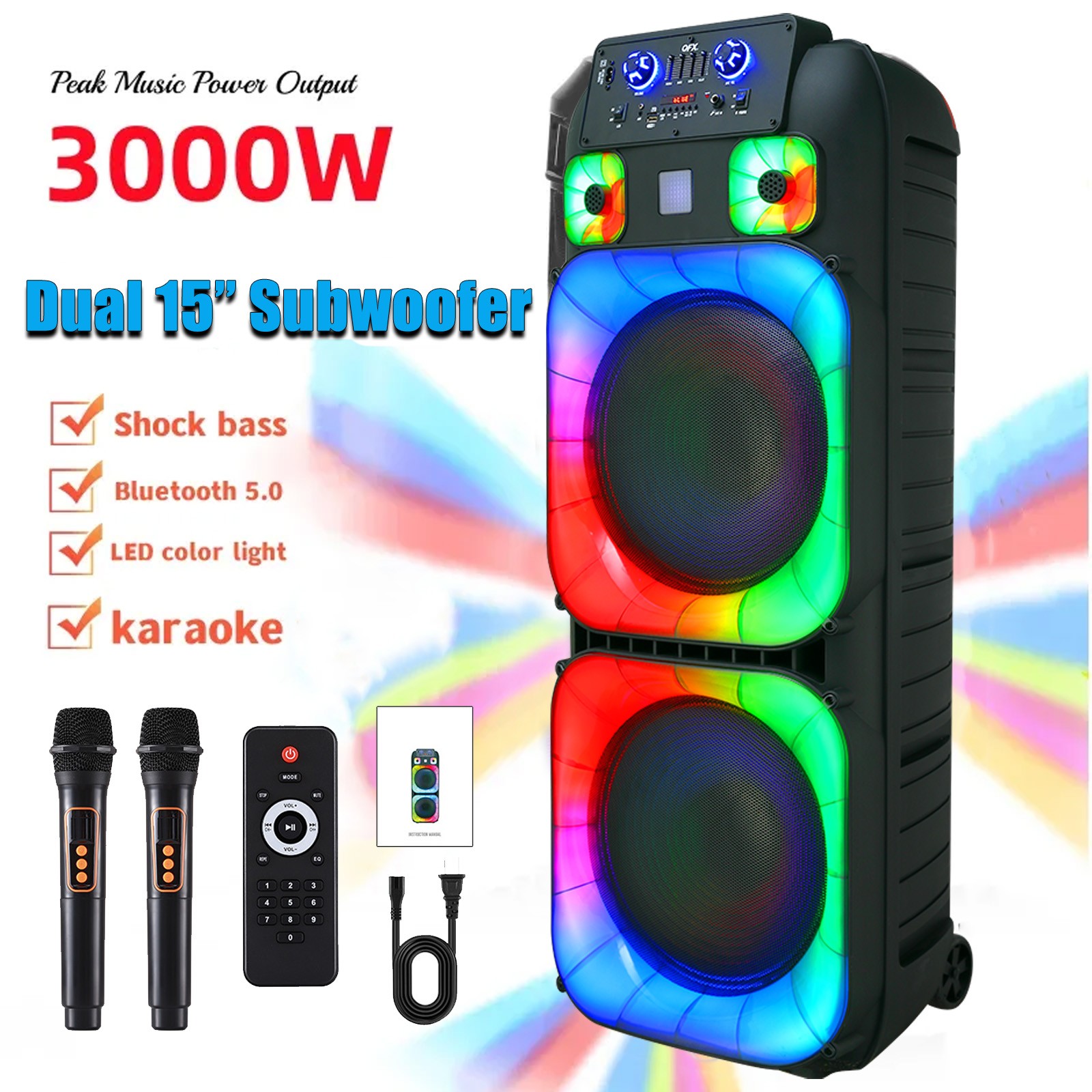 Dual 15" Bluetooth Party Speaker Powerful Heavy Bass Sound Multicolor LED Lights