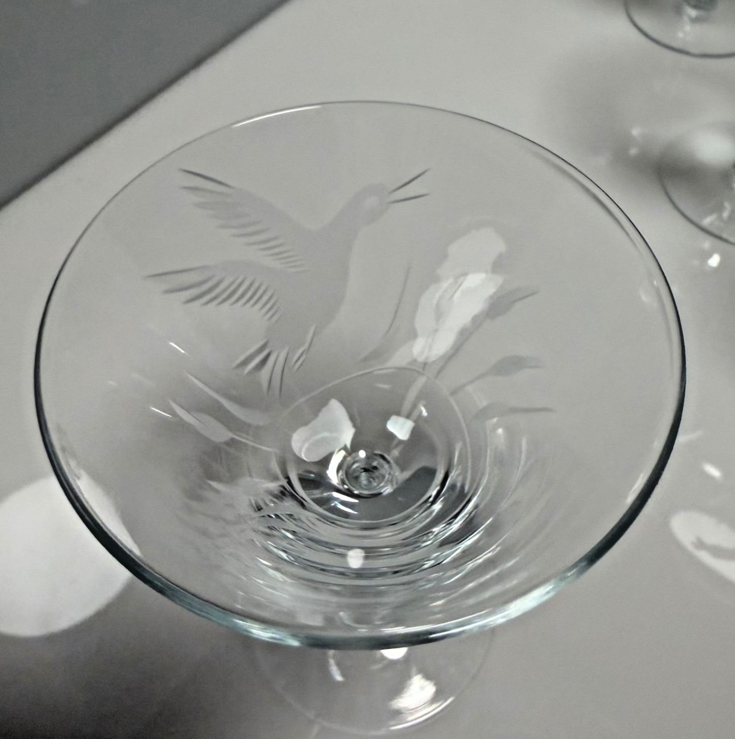 Vintage Five Piece Etched Glass Martini Set with Elegant MCM Flying Geese Design