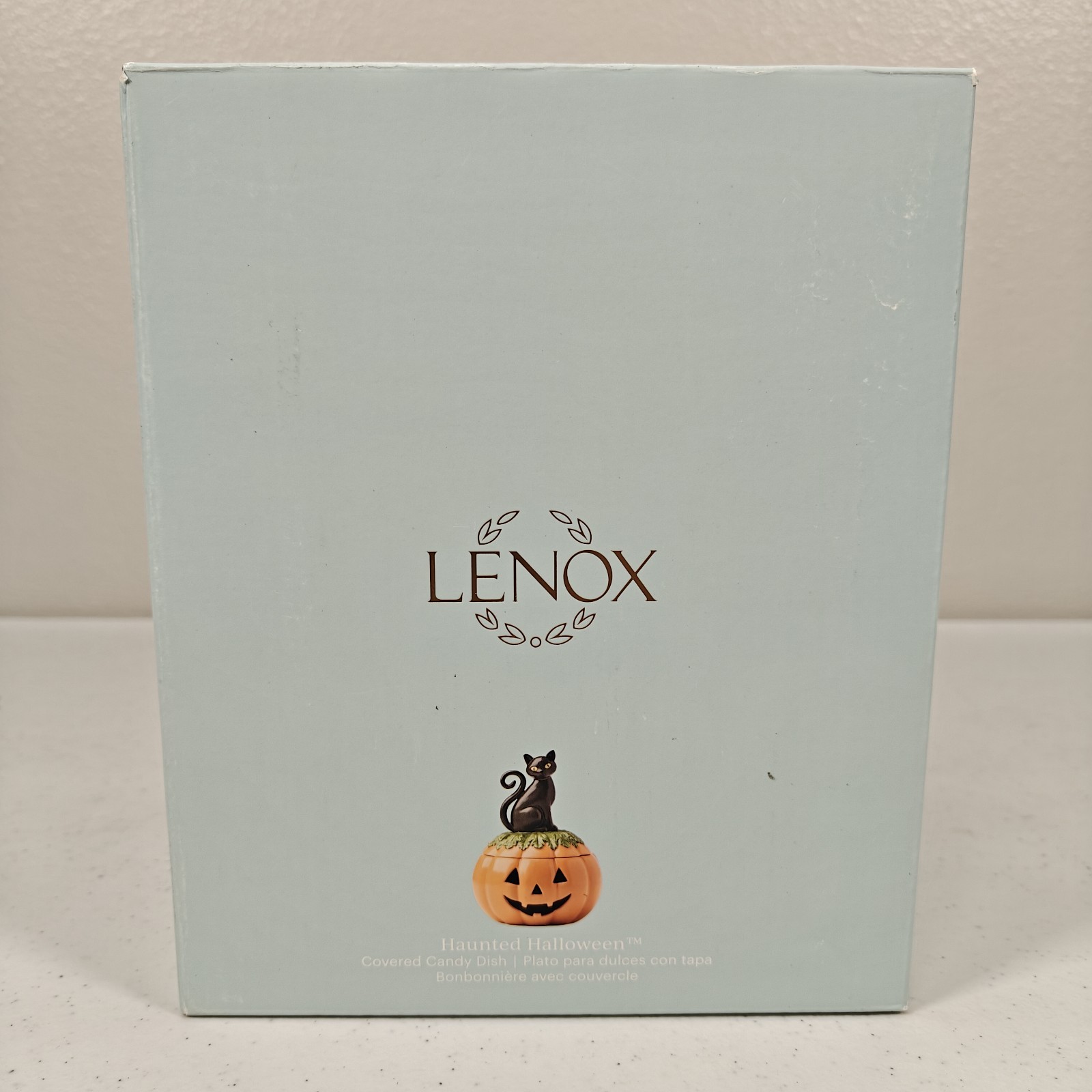 Lenox Haunted Halloween Covered Candy Jar Porcelain with Lid 26oz Cat on Pumpkin