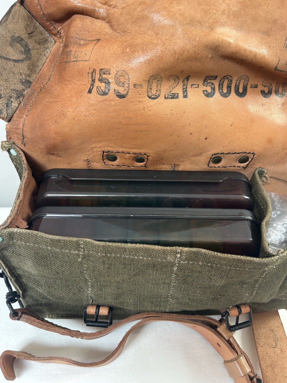 Vintage Converted 1953 French Military Canvas Leather Satchel Bag Khaki Green