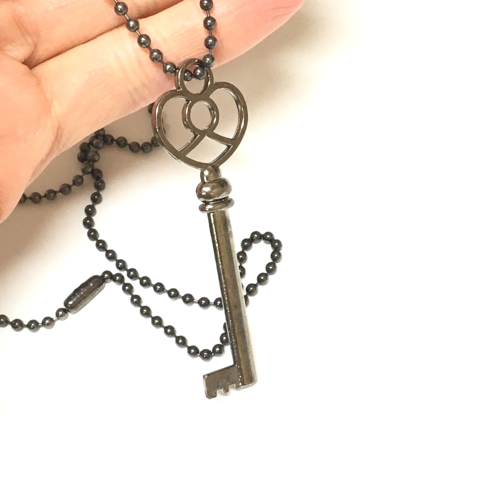 24" Long Heart Key Necklace Chain Black Gunmetal Pendant Valentine LOVE gift USA